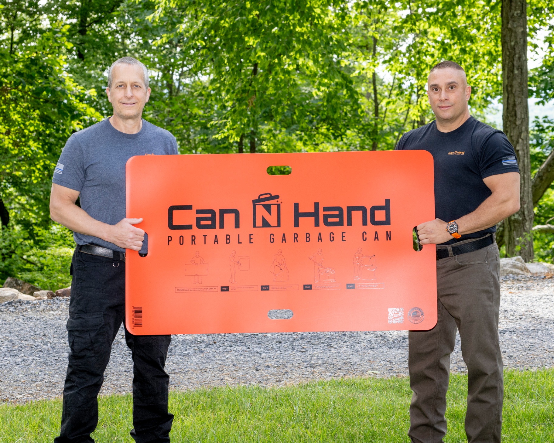Mike and Bryan with the Can-N-Hand portable garbage can
